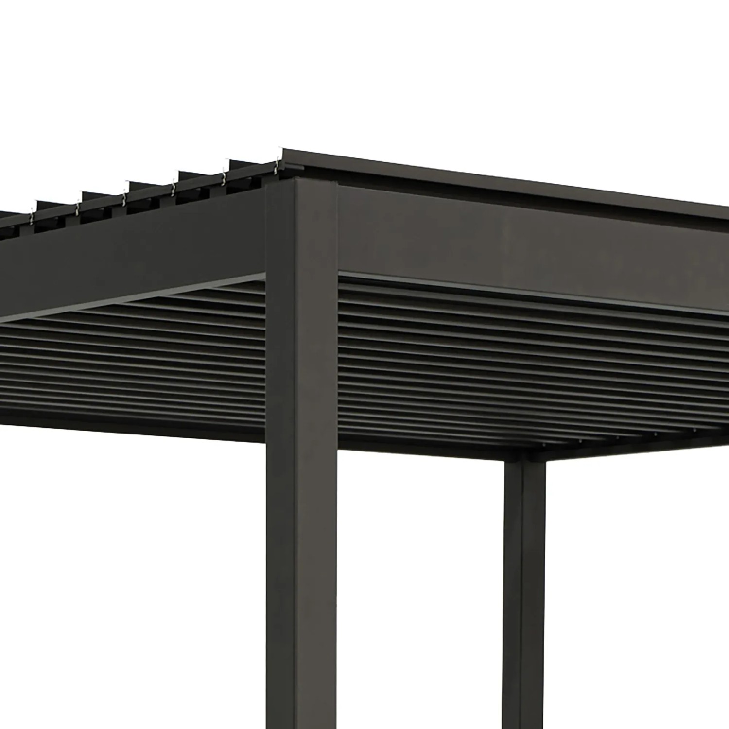 Detailaufnahme der anthrazitfarbenen Pergola Mirador Basic 3x3 m, Terrassenüberdachung mit Lamellen.