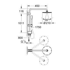 Technische Zeichnung: Grohe Rainshower 210 Duschsystem Chrom mit Maßen und schwenkbarem Duscharm.