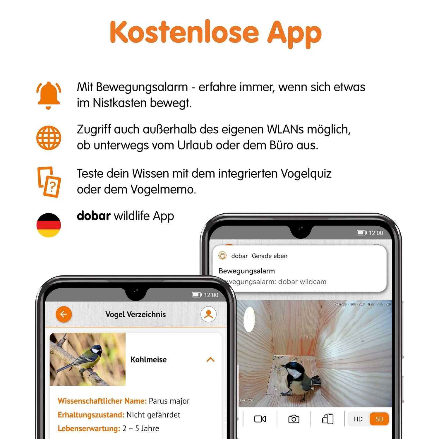 Dobar Nistkasten Eazy App: Vogelverzeichnis, Live-Kamera mit Kohlmeise & Bewegungsalarm auf zwei Smartphones.