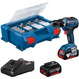 Bosch Professional Akku-Bohrschrauber GSR 18V-55 Set mit Akkus, Ladegerät und 82-teiligem Zubehör im L-Case.