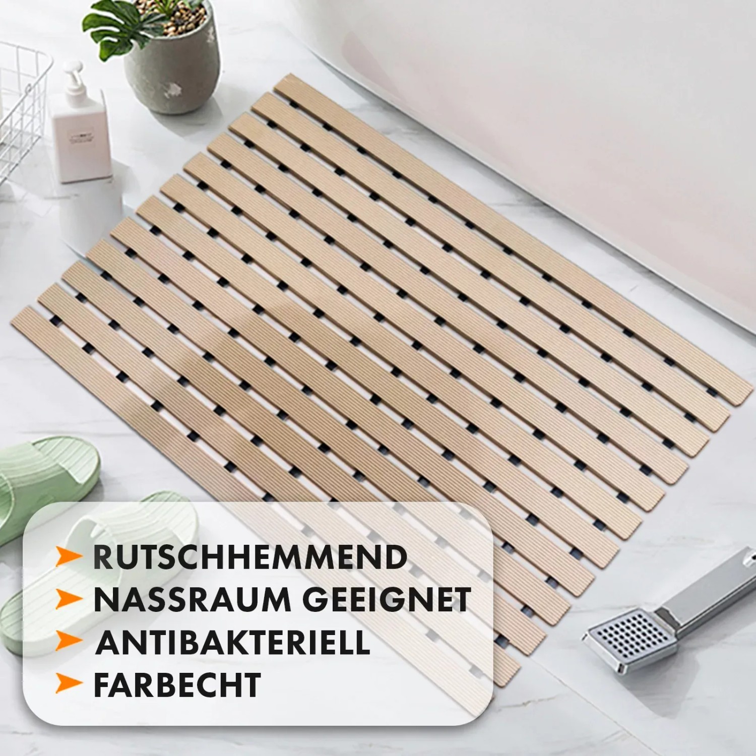 Beige KARAT Fußmatte mit Drainagefunktion, geeignet für Nassbereiche wie Badezimmer.