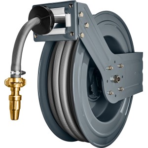 Geka Schlauchaufroller mit 20m Schlauch, grauem Metallgehäuse und Messing-Spritzdüse.