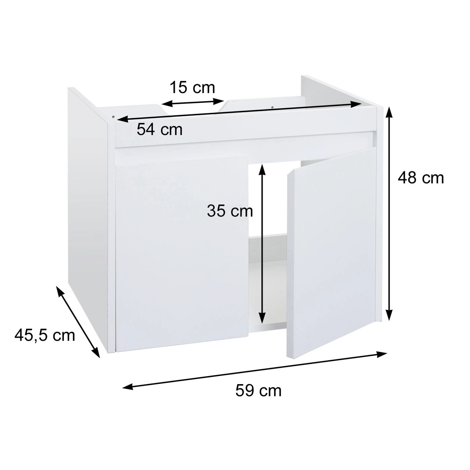 MCW Waschbeckenunterschrank L86 in Marmor-Optik Weiß mit zwei Türen und Maßangaben.