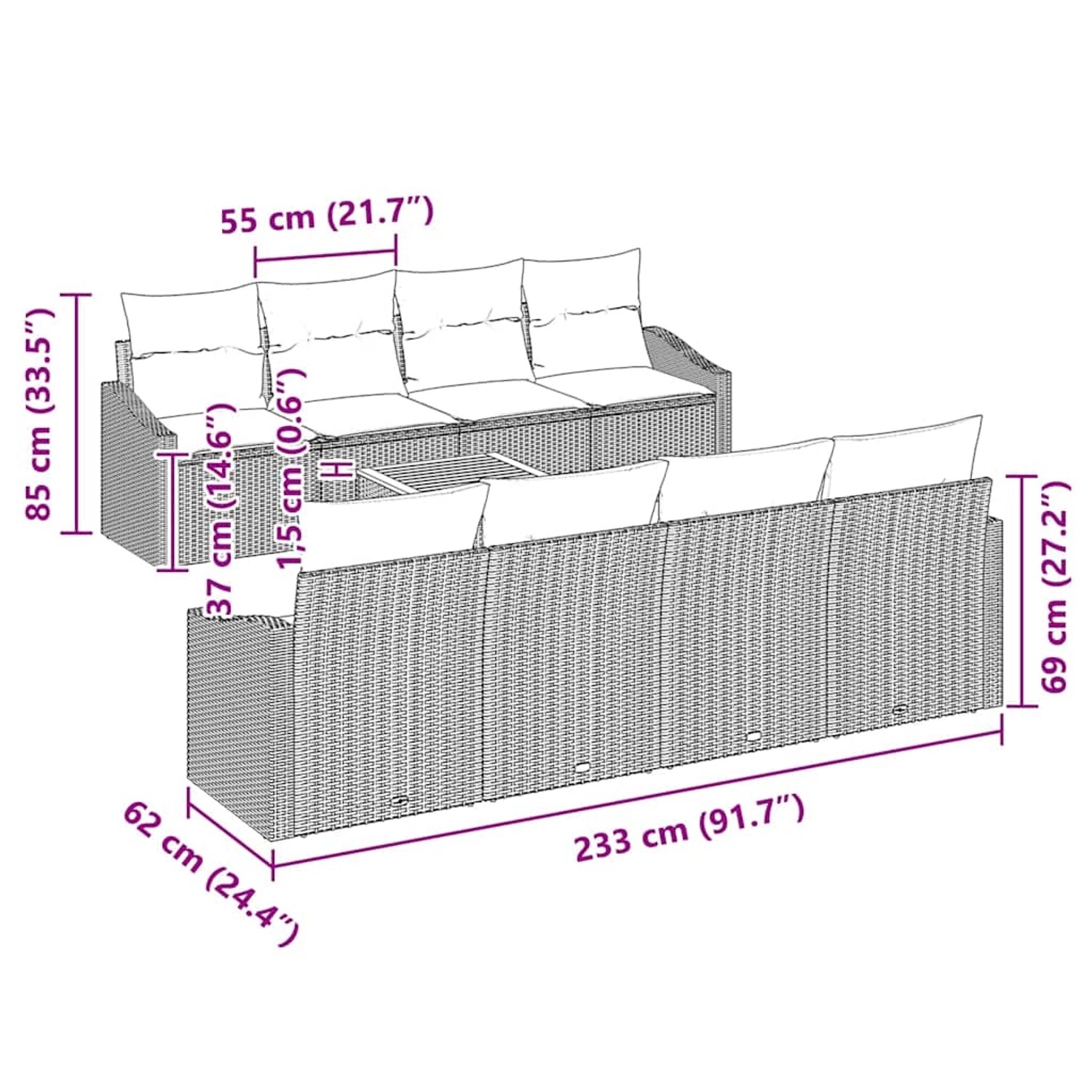 vidaXL Garten-Sofa-Set 9-tlg beige Poly Rattan mit Maßangaben.