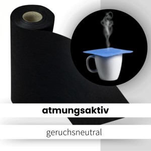 Schwarzer Sensalux Vlies-Tischläufer (30 cm x 25 m) auf Rolle, mit Tasse im Hintergrund.
