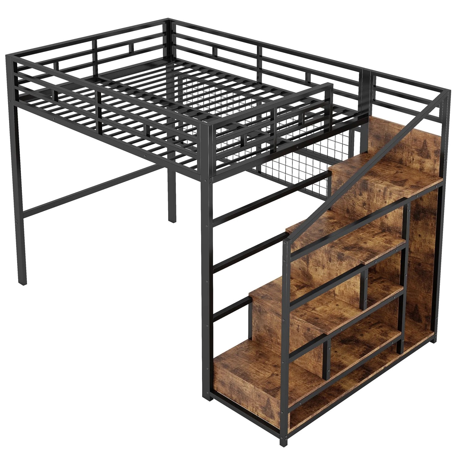 okwish Metall Hochbett 140x200cm mit Kleiderschrank und 7 Farb LED Schwarz ohne Matratze