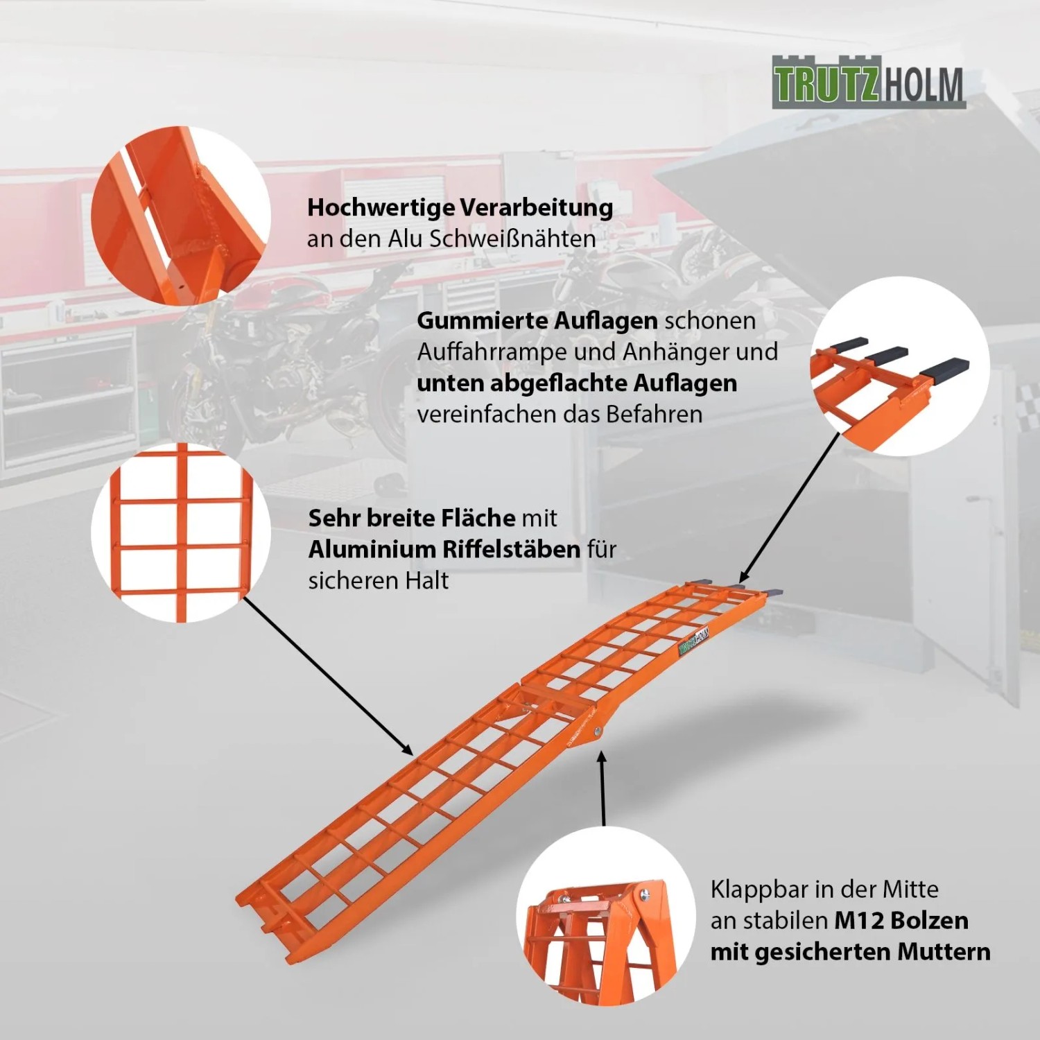 TRUTZHOLM klappbare Auffahrrampe, 180 cm, orange, Traglast 340 kg, Zubehör für Autoanhänger.