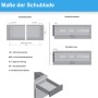 Skizze: MS Beschläge Schubladenauszug mit Maßen für Schubladenbreite und Einbau.
