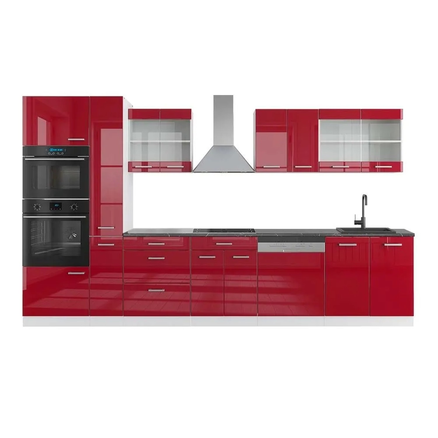 Vicco R-Line Küchenzeile Bordeaux Hochglanz Weiß 350 cm mit HochschrankAP Anthrazit ohne E-Geräte