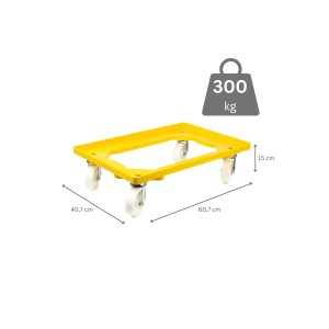 Gelber PROREGAL Transportroller für Euroboxen (60x40 cm) mit 4 Lenkrollen und 300 kg Traglast.