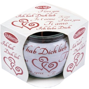 Duftkerze im Glas mit "Ich liebe Dich" Schriftzug und Herzmotiven, ideal als Geschenk.