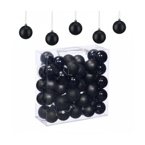 50 schwarze Weihnachtskugeln aus Kunststoff in matter, glänzender und glitzernder Ausführung, in transparenter Box.