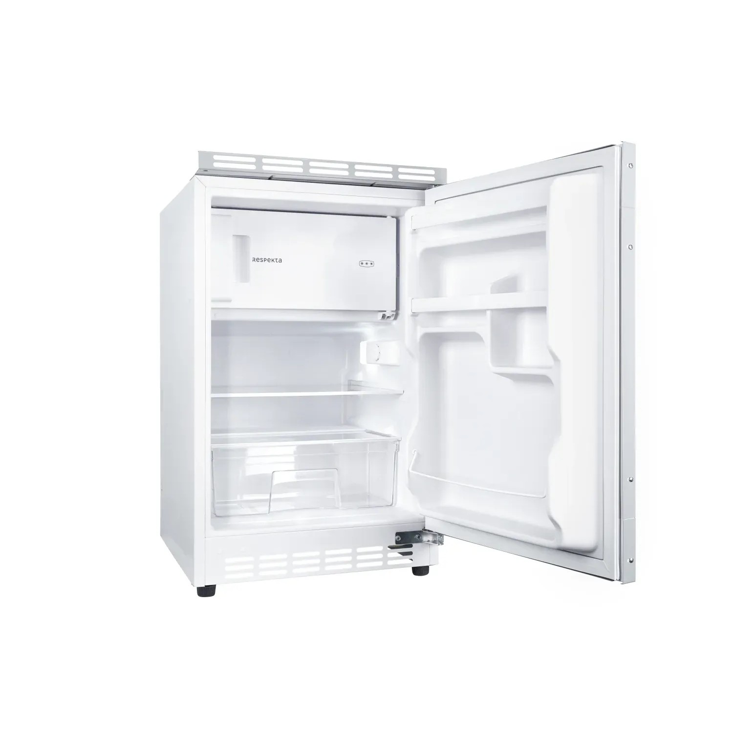 Offener, weißer Respekta Unterbaukühlschrank Ilian mit Fächern. Kühl-Gefrierkombination für kleine Küchen.