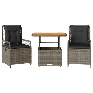 3-tlg. Garten Essgruppe Grau Poly Rattan mit Tisch aus Akazienholz und Sesseln mit Kissen.