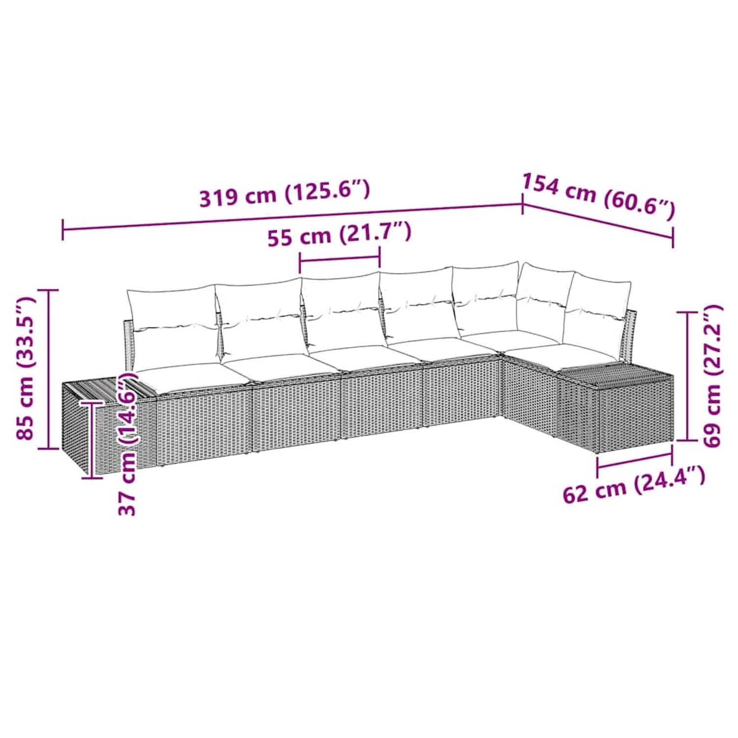 vidaXL 6-teiliges Gartensofa-Set aus Rattan, hellgrau, mit Maßangaben.