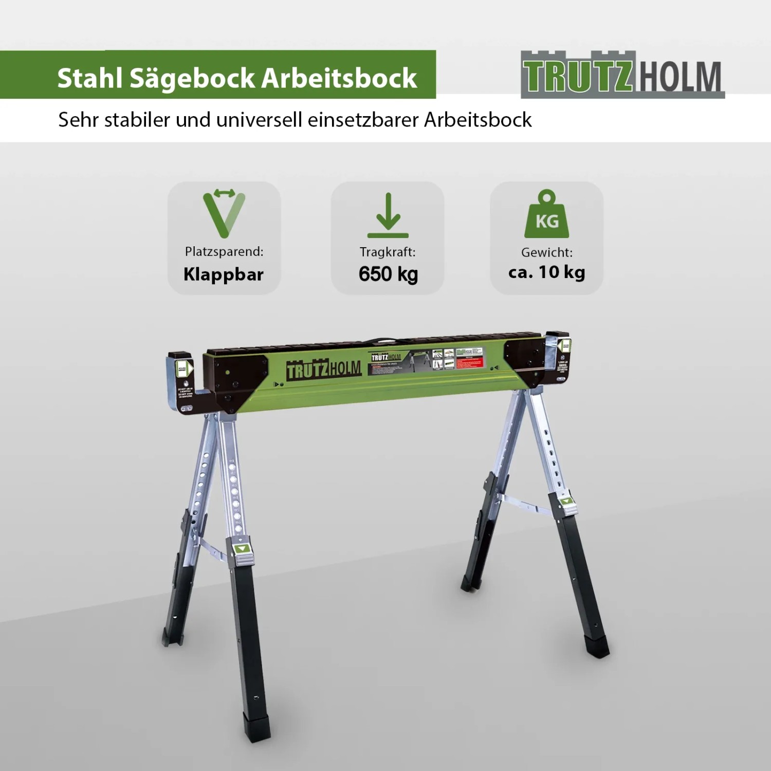TRUTZHOLM Stahl Sägebock, klappbar und höhenverstellbar, max. 650 kg Traglast.
