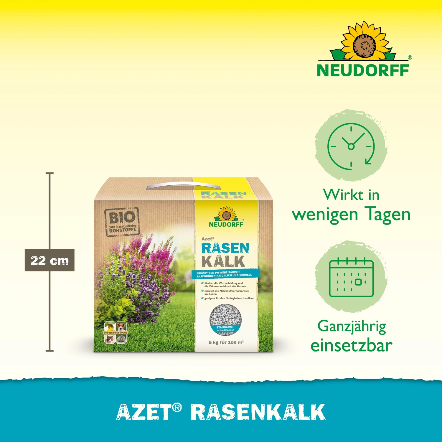Neudorff Azet Rasenkalk 5 kg im Karton: Kohlensaurer Kalk für grünen, widerstandsfähigen Rasen.