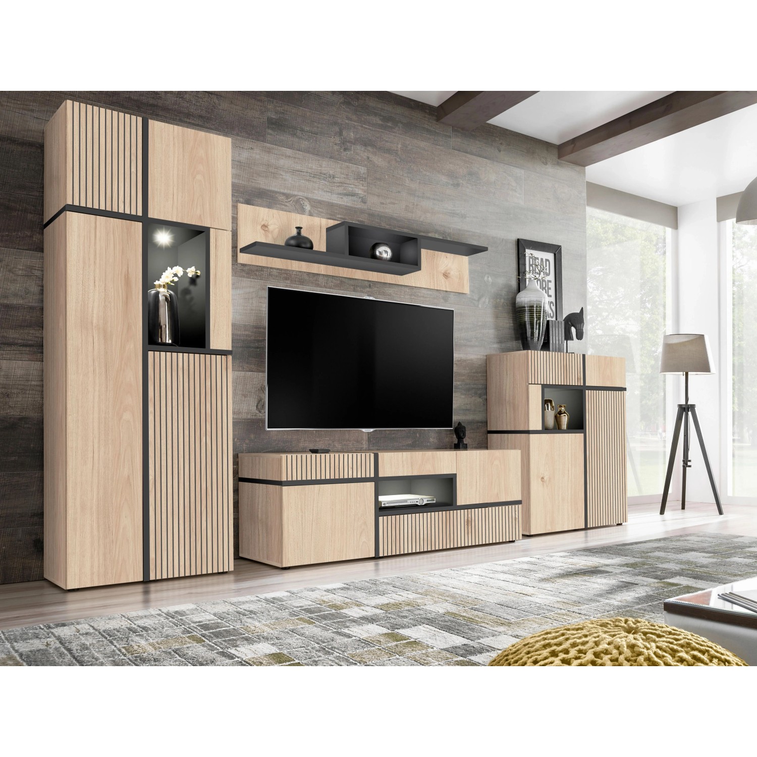 Premium Living Wohnwand Cross Schwarz/Hickory