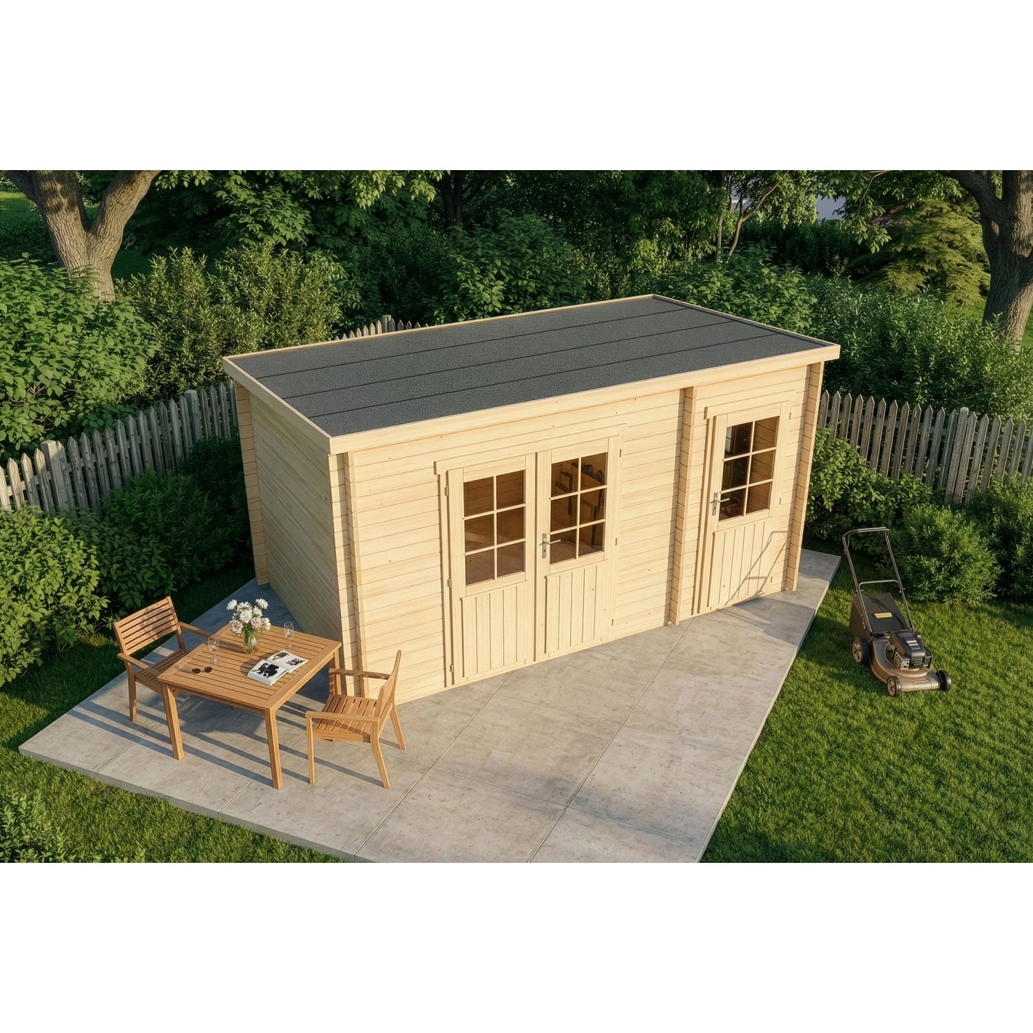 Alpholz Gartenhaus Maria-28 aus Holz, 450x250 cm, mit Doppeltür und Anbau.
