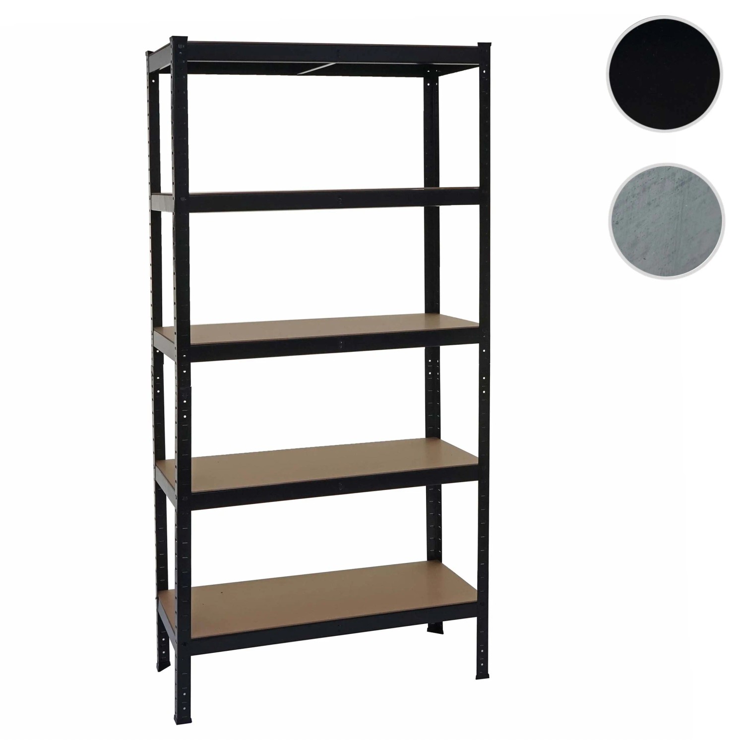 Schwarzes MCW Schwerlastregal (180x90x40cm) mit 5 MDF-Böden. Ideal für Keller, Garage oder Lager.