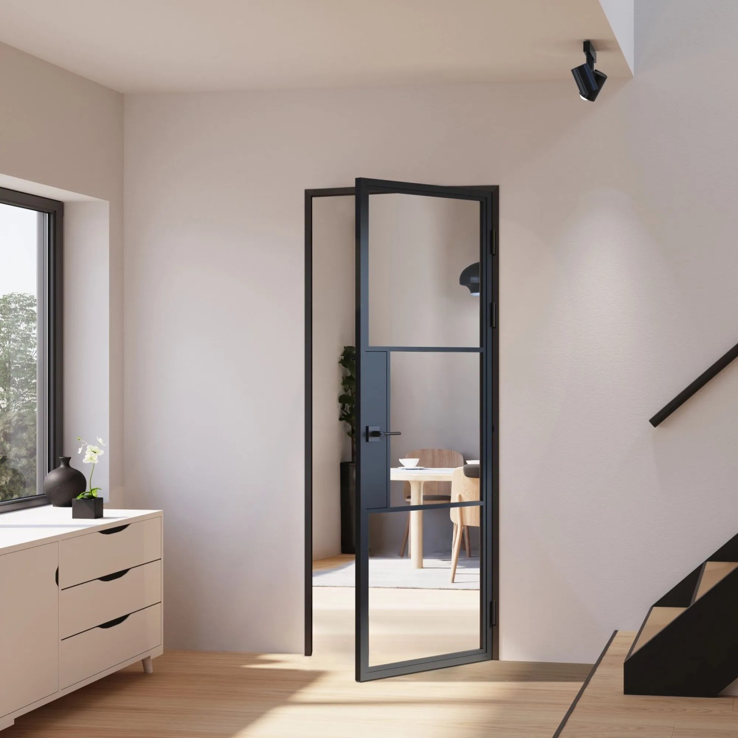 inova Loft Glastür, 3-Felder-Design, Klarglas, schwarzer Beschlag, DIN Rechts Komplettset
