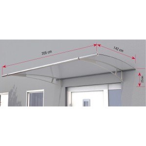 Pultvordach XL aus Edelstahl mit satinierter, weißer Acrylglasabdeckung über einer Tür.