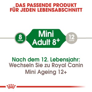 Royal Canin Mini Adult 8+ Grafik: Futter für ältere, kleine Hunde ab 8 Jahren.