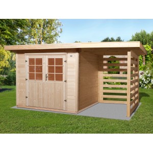 OBI Holz-Gartenhaus La Spezia mit Anbaudach, naturbelassenem Fichtenholz und Doppeltür.