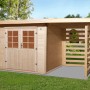 OBI Holz-Gartenhaus La Spezia mit Anbaudach, naturbelassenem Fichtenholz und Doppeltür.