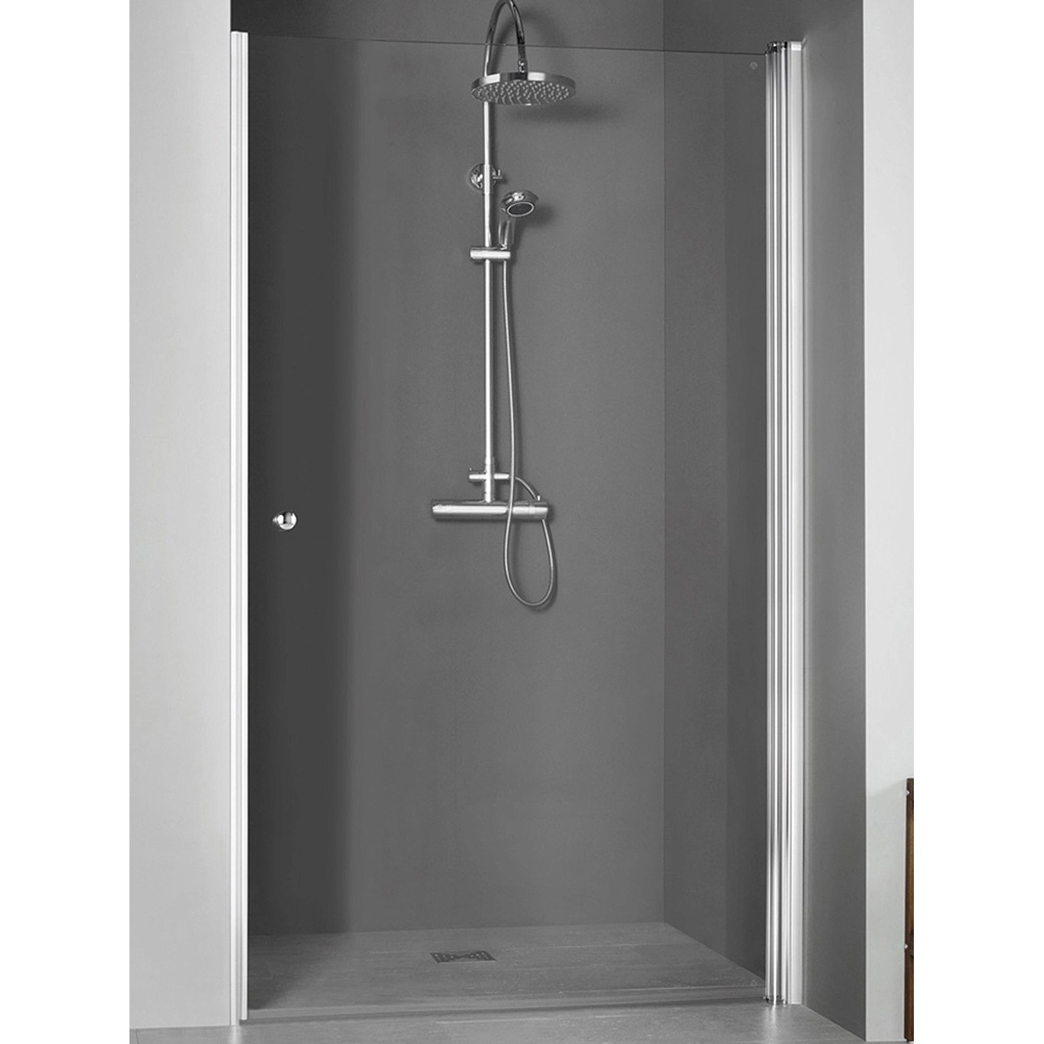 Breuer Elana Drehtür Nische links, 80 cm, Silber Matt Klarglas mit Bogengriff. Duschtür mit Hebe-Senkmechanismus.