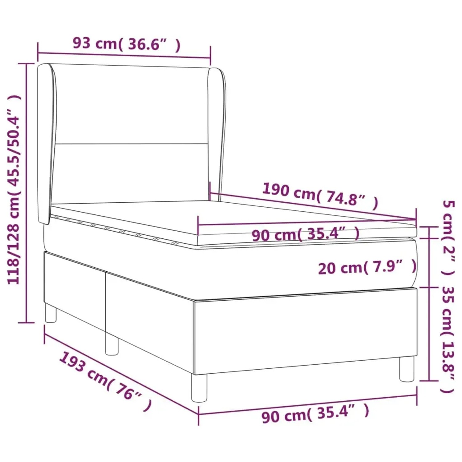 vidaXL Boxspringbett Taupe, 90x190 cm, Stoff. Bett mit Matratze, Topper und Kopfteil. Schemazeichnung mit Maßen.