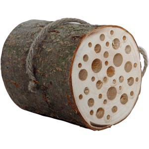 Naturbelassenes Insektenhotel für Wildbienen aus Holz mit Kordel zum Aufhängen.