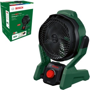 Bosch Akku-Ventilator UniversalFan 18V-1000 Solo, grünes Gehäuse mit schwarzem Rotor und rotem Knopf.