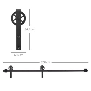 HOMCOM Schiebetür-Beschlagsatz aus Kohlenstoffstahl, 200 cm lang, schwarz. Zubehör für Türen.