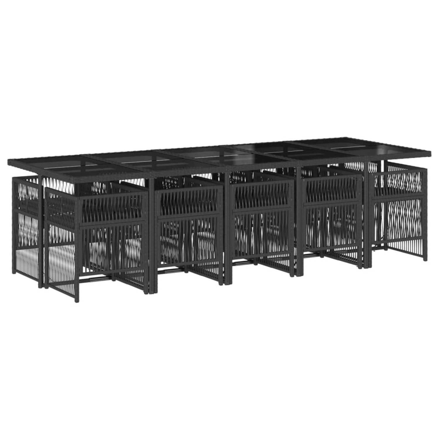 Schwarze 11-teilige vidaXL Garten-Essgruppe aus Polyrattan mit Tisch und Stühlen im Würfeldesign.