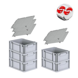 PROREGAL Spar Set: 5 graue Euroboxen mit Deckel und roten Schiebeschnappverschlüssen.