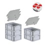 PROREGAL Spar Set: 5 graue Euroboxen mit Deckel und roten Schiebeschnappverschlüssen.