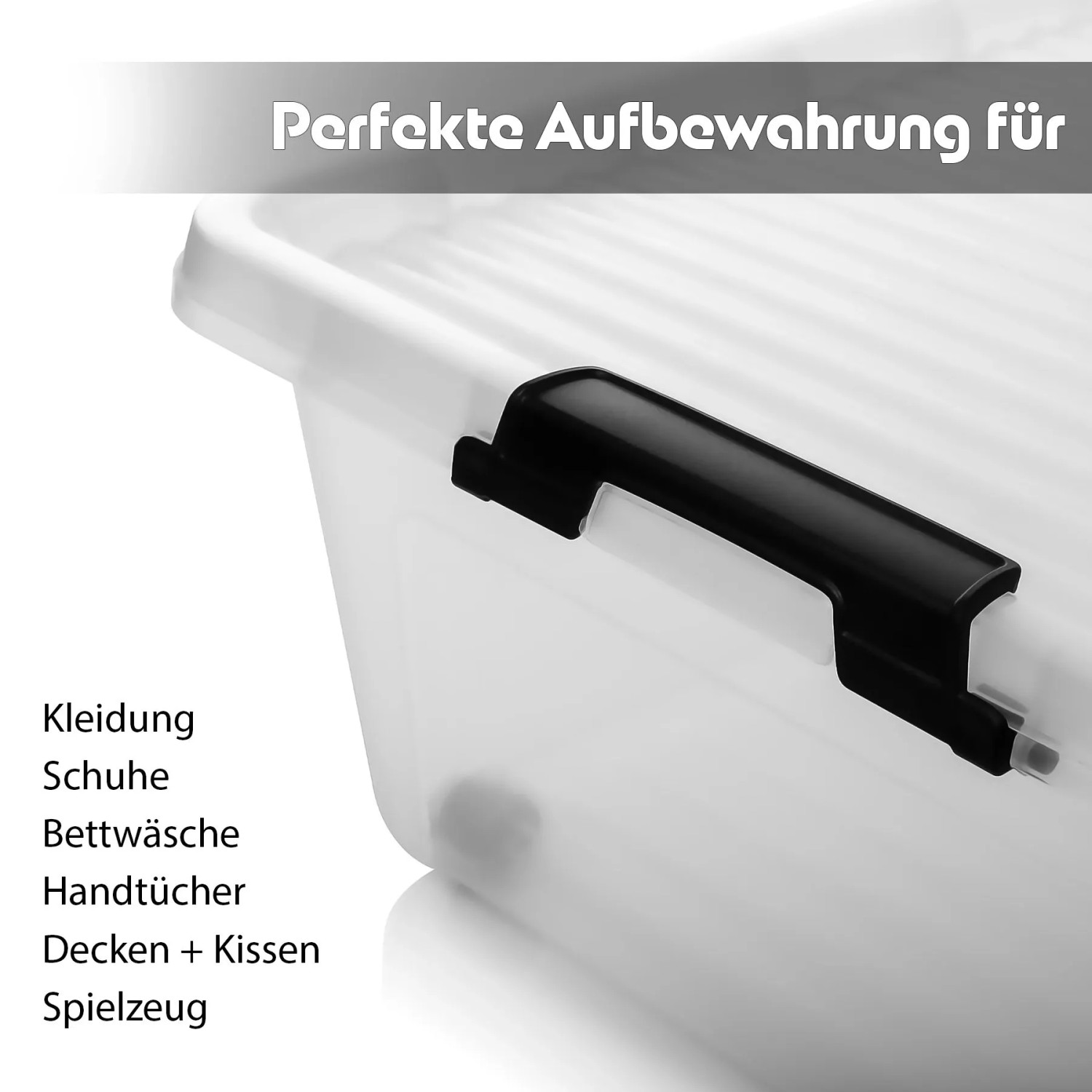 Transparente Unterbett Aufbewahrungsbox aus Kunststoff mit schwarzem Griff und Rollen für Kleidung, Spielzeug und Ordnung.
