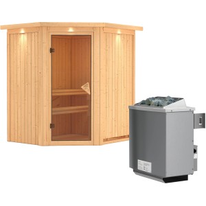 Karibu Sauna-Set Tjorven aus Fichte mit Ofen und Dachkranz.