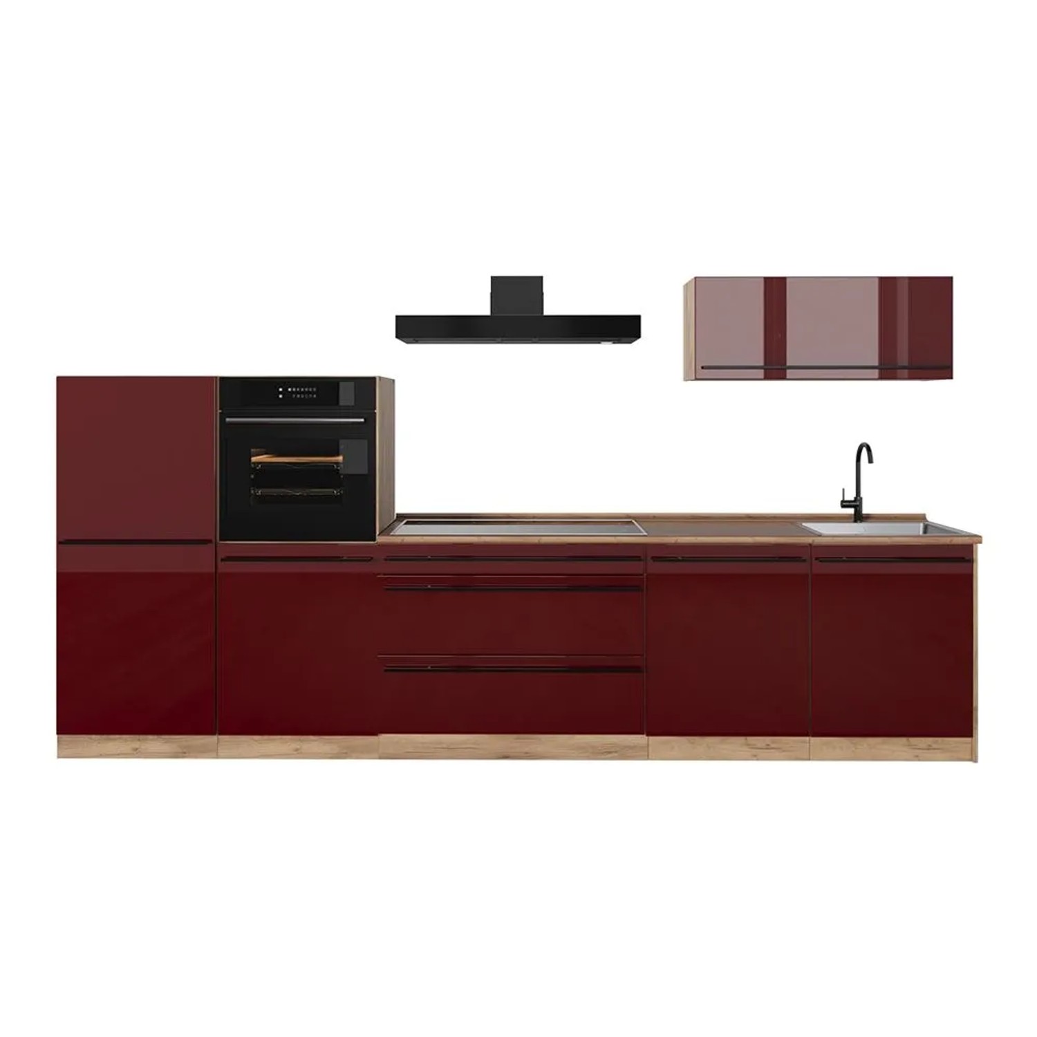 Vicco Küchenzeile R-Line Rot Hochglanz/Goldkraft Eiche 340 x 143 ohne Arbeitsplatte Art Nr 66532