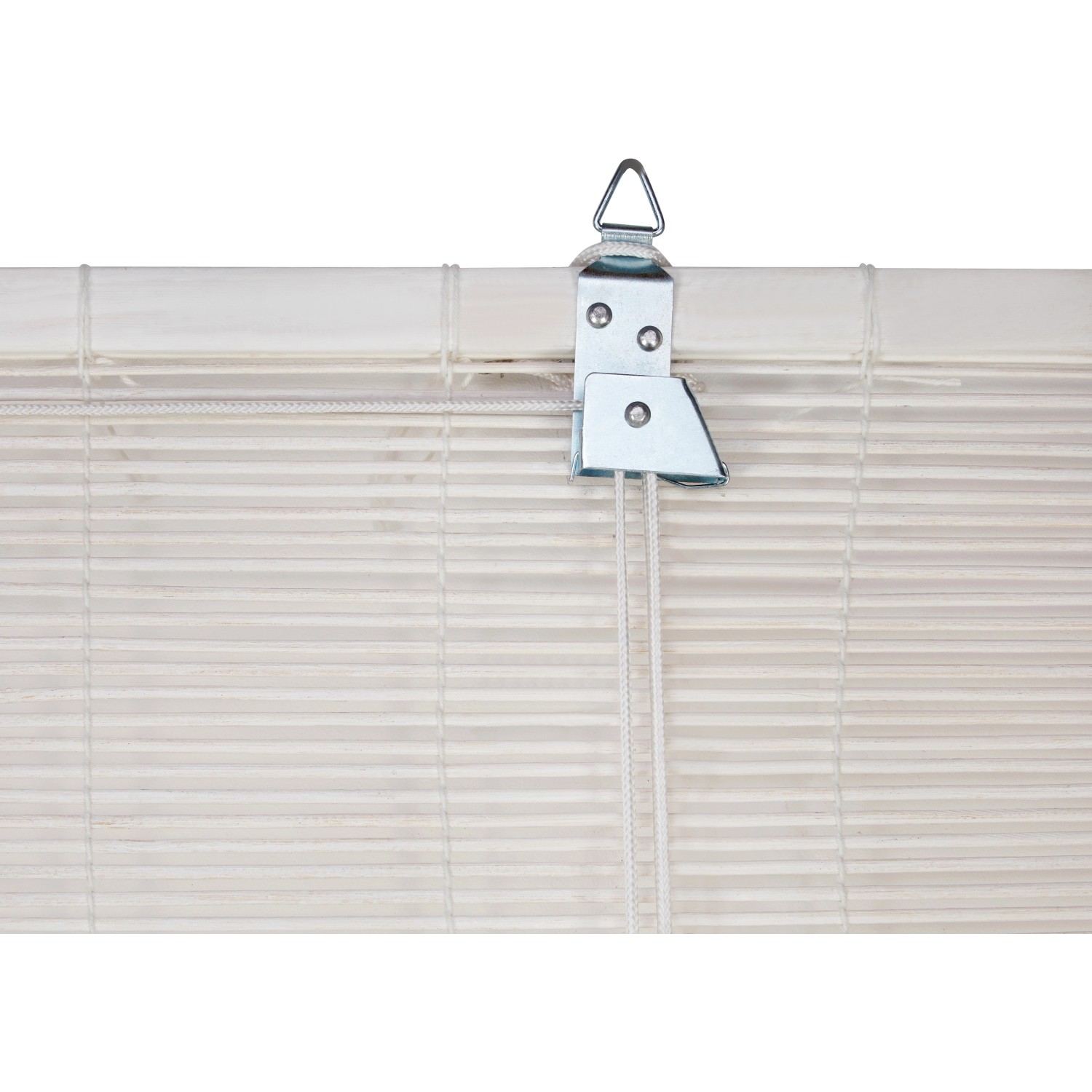 Detailansicht: Weißes Bamboo Rollo 100x160 cm mit Bedienelementen für Lichtregulierung.