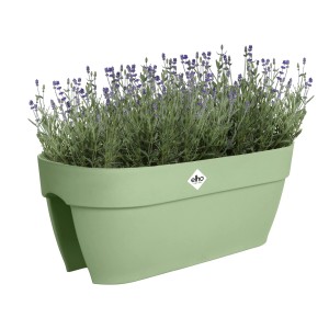 Grüner Elho Blumenkasten Flower Bridge Vibia Campana mit Lavendel auf weißem Hintergrund.