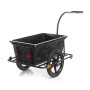 Schwarzer Wiltec Fahrrad Lastenanhänger mit großer Wanne, Stahlrahmen, zwei 16-Zoll-Rädern und Reflektoren.