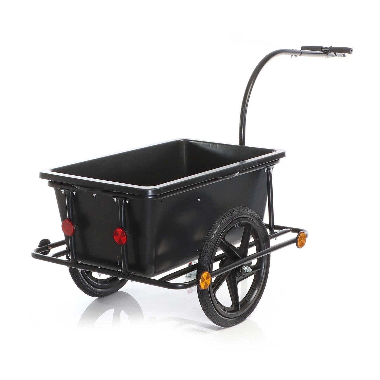 Schwarzer Wiltec Fahrrad Lastenanhänger mit großer Wanne, Stahlrahmen, zwei 16-Zoll-Rädern und Reflektoren.