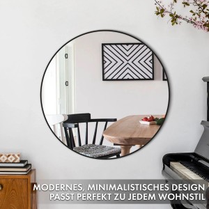 Runder Floordirekt Wandspiegel Bella mit schwarzem Aluminiumrahmen, Durchmesser 70 cm.
