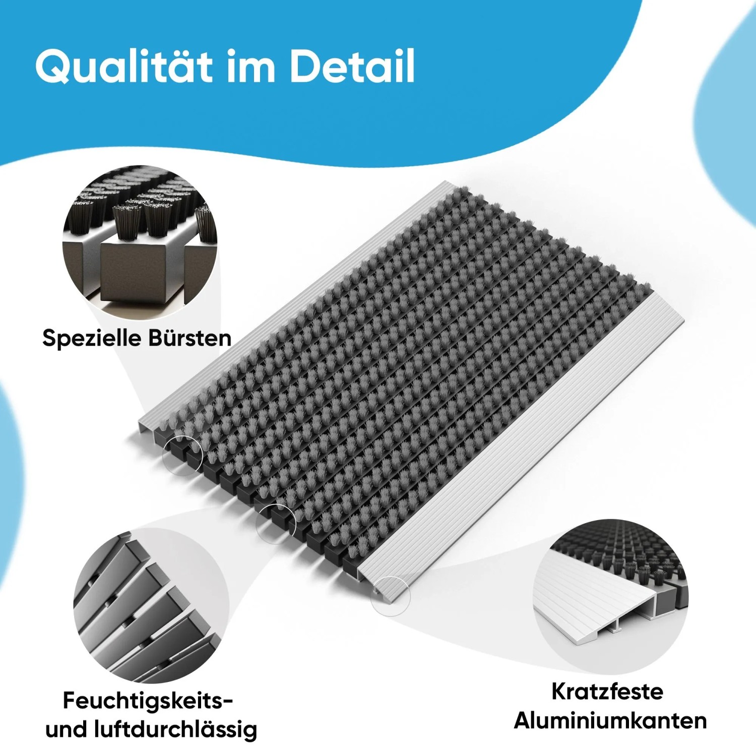 Björn&Schiller Fußmatte mit Alu-Rahmen und Bürsten, grau, 40x60 cm, Detailansicht.