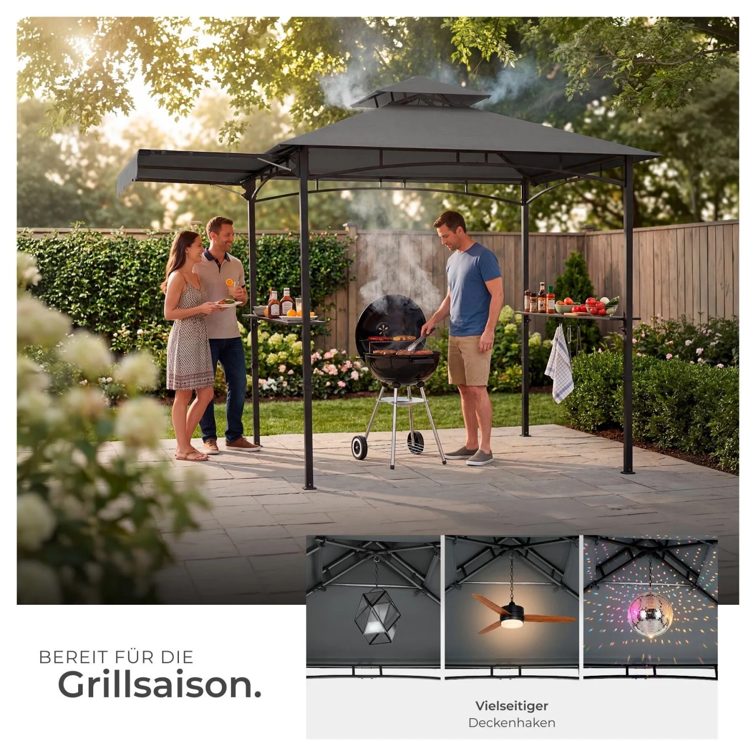 Anthrazitfarbener Tectake Grillpavillon Maracaibo mit Markise und Doppeldach im Garten.