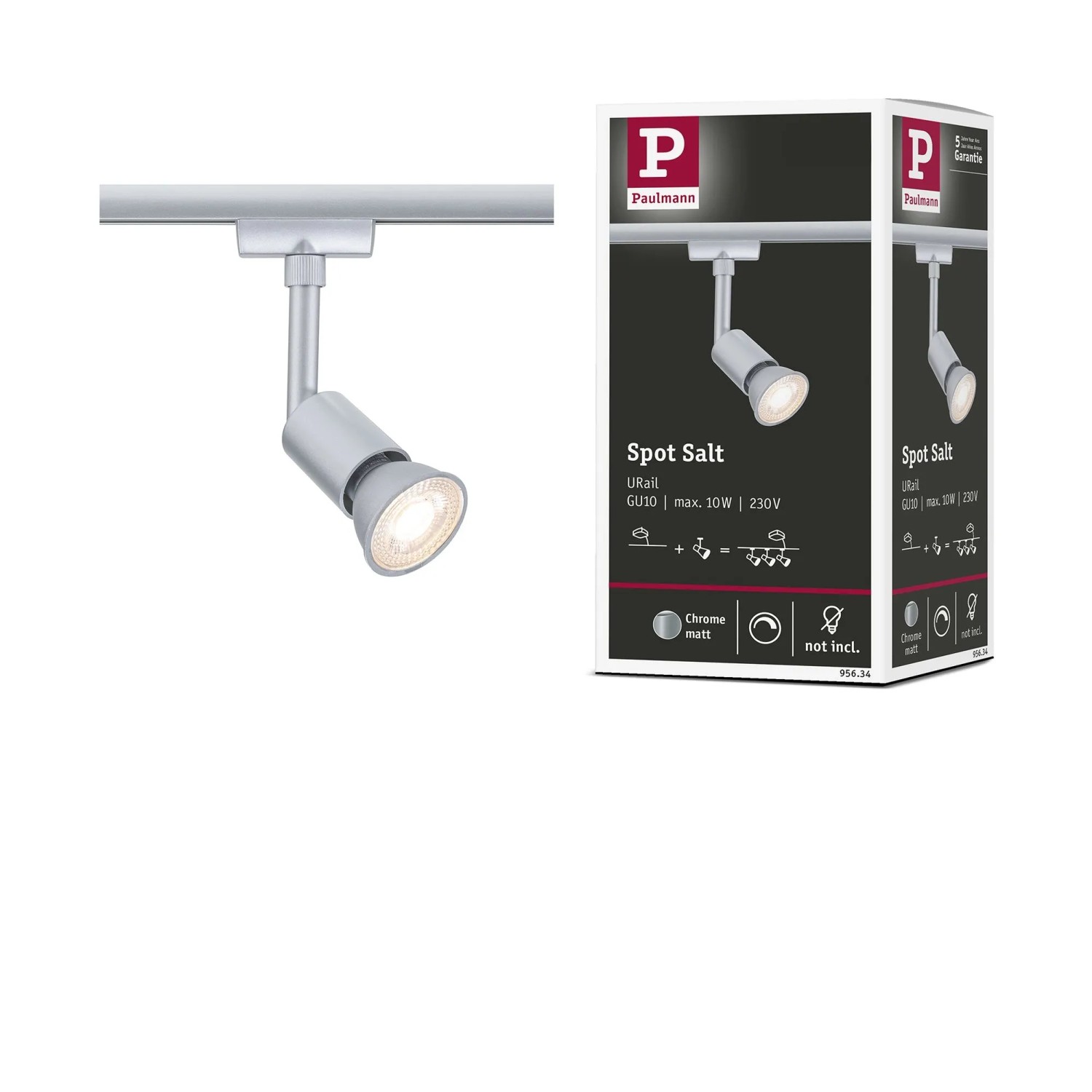 Paulmann URail Schienenspot Salt in Chrom Matt, beleuchtet, an Schiene montiert. Modernes Design für LED-Schienensysteme.