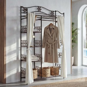 MCW Metall-Garderobe Genf mit Vorhang, 6 Ablageflächen und Kleiderstange. Dunkles Metallgestell mit floralen Mustern.