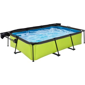 Rechteckiger, lime-grüner Stahlrahmenpool mit Sonnensegel und Filterpumpe.